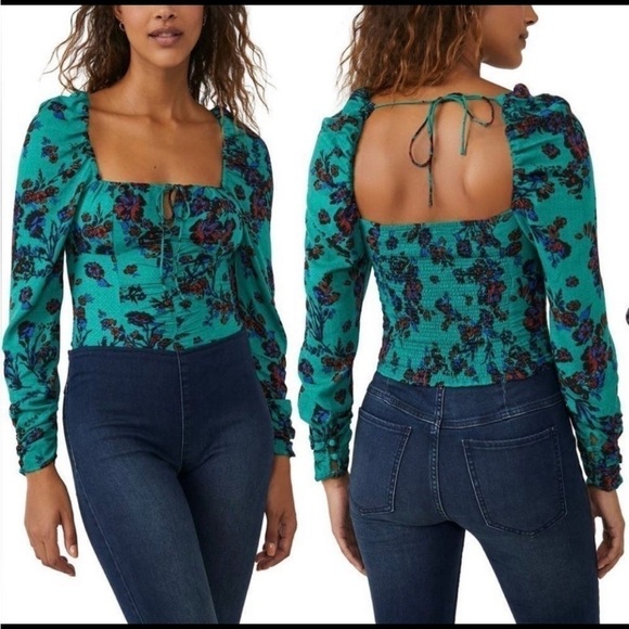 Free people nwt Hilary print green long sleeve square neck romantic blouse - Picture 1 of 10